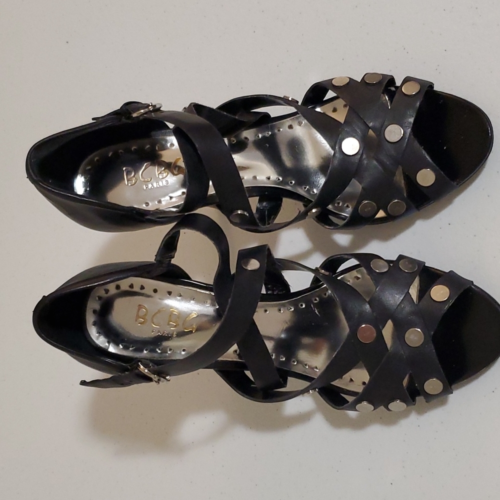 BCBG Black Strappy Leather Heels
